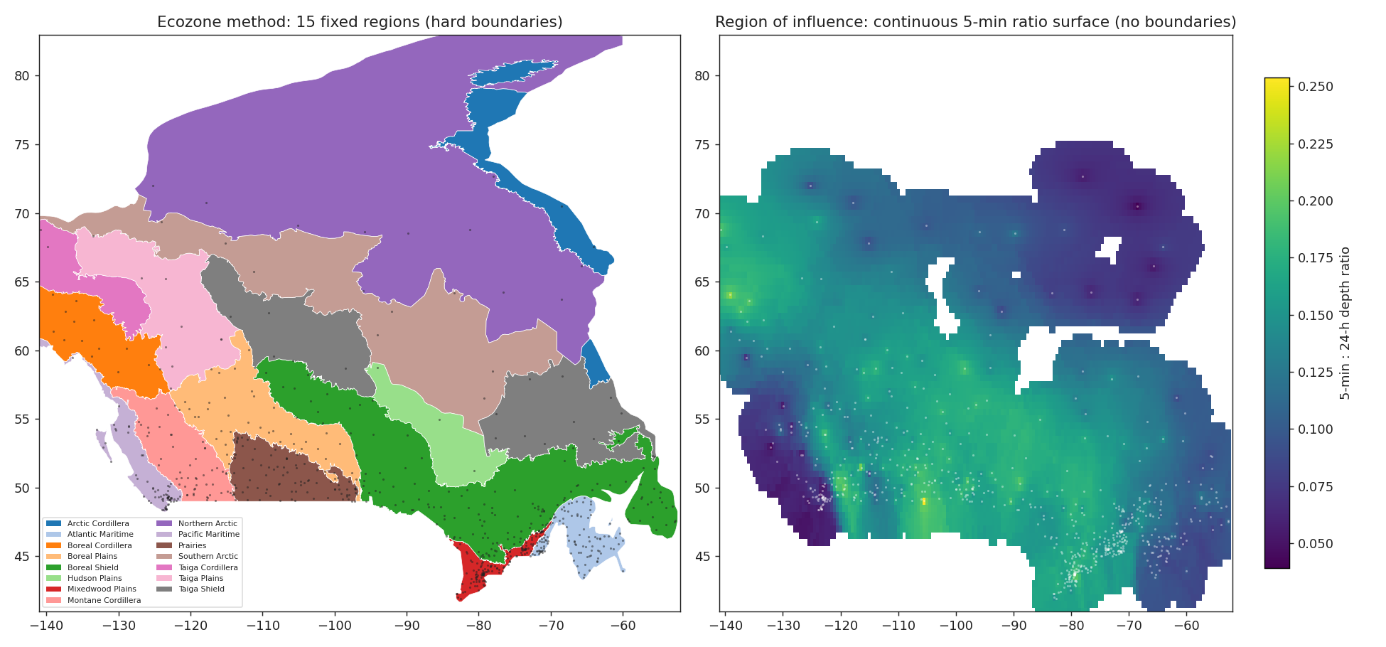 Ecozone regions vs the continuous ROI ratio surface
